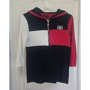 Tommy Hilfiger Women S/P  Colorblock Lightweight Hooded 3/4 Sleeve Patriotic